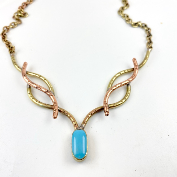 Vintage Celtic Brutalist Art Copper Sleeping Beauty Turquoise Statement Necklace - Picture 3 of 7